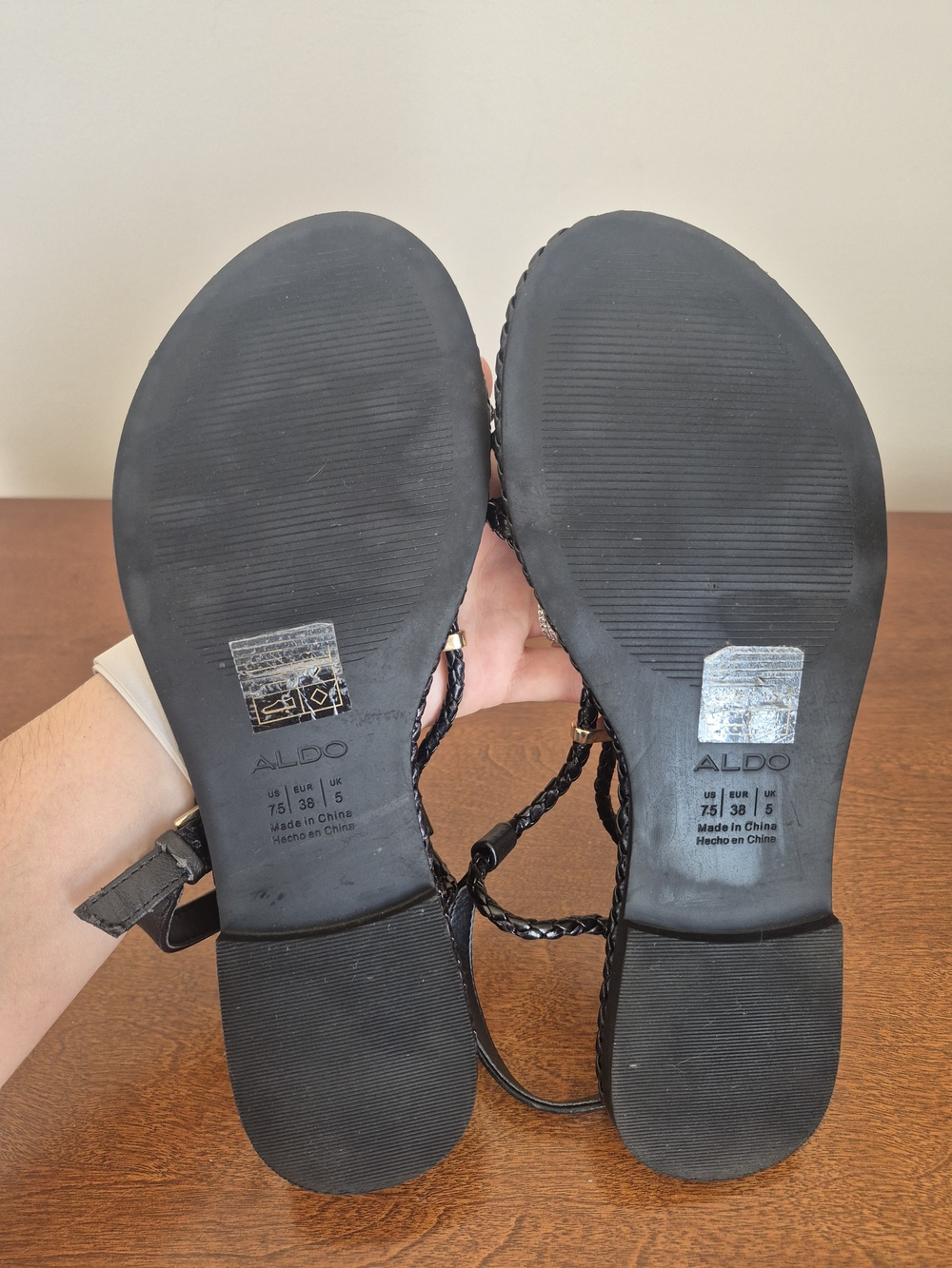 ALDO Women's Black Braided T-Strap Sandals with Gold Accents - Picture 5 of 5